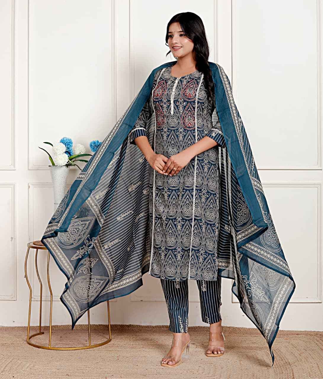 Classic Nevy Blue Cotton Kurta Pant with Printed Dupatta